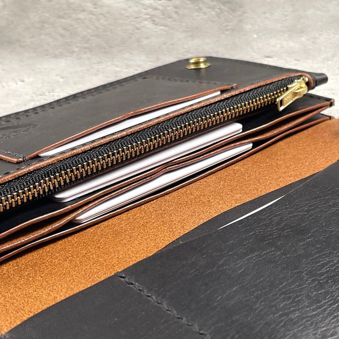 ロングトラッカーウォレット　茶芯ブラック　カードポケット増設　茶芯　真鍮　本革