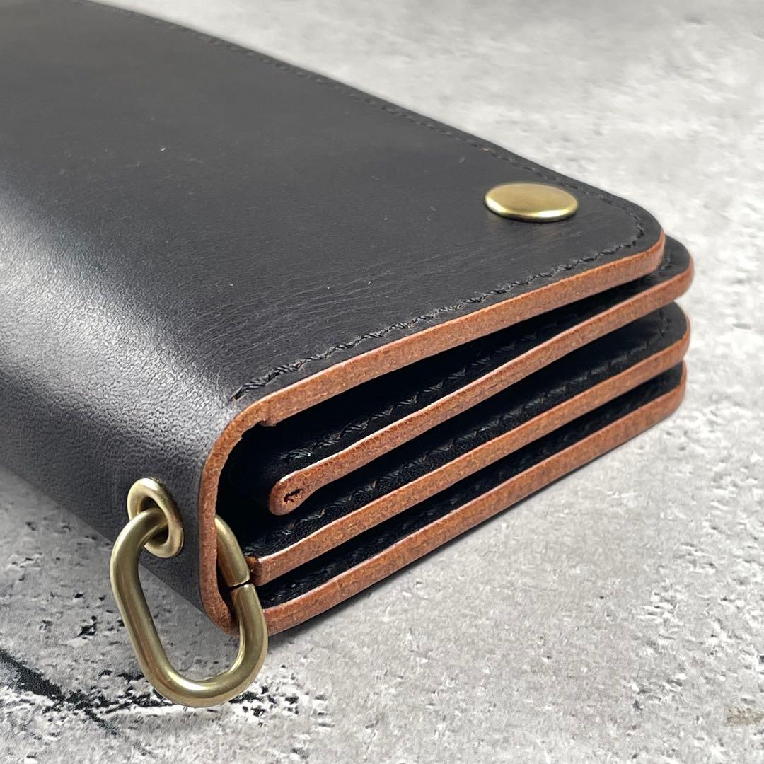ロングトラッカーウォレット　茶芯ブラック　カードポケット増設　茶芯　真鍮　本革