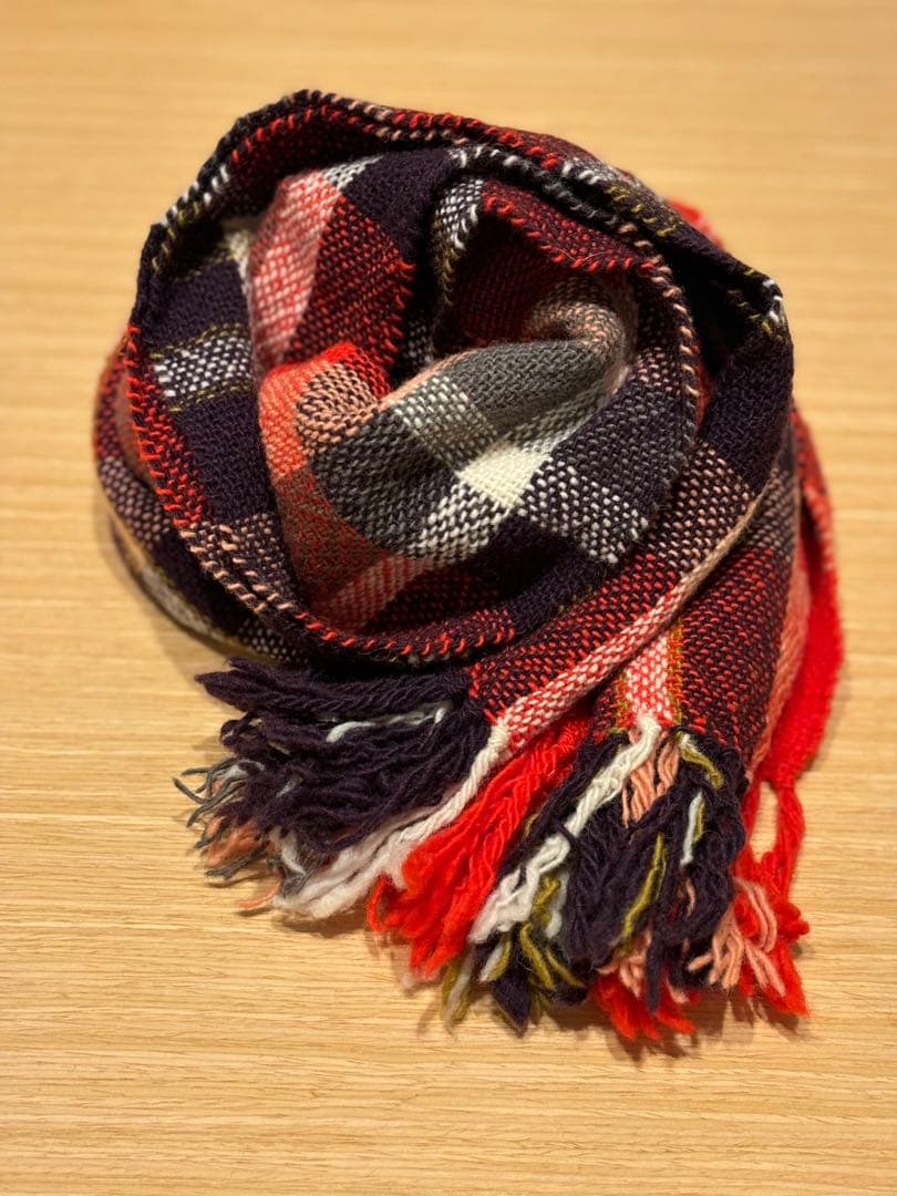 チェック柄 マフラー 赤　さをり織り　手織り　ハンドメイド
