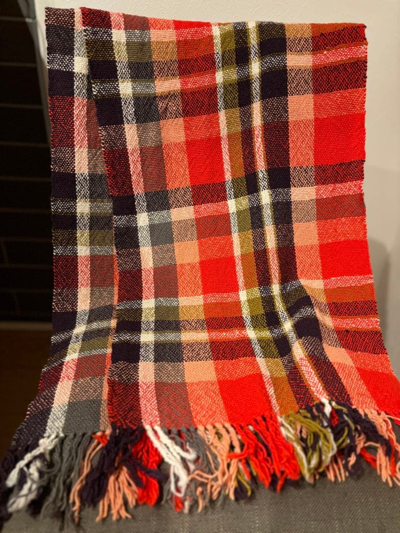 チェック柄 マフラー 赤　さをり織り　手織り　ハンドメイド
