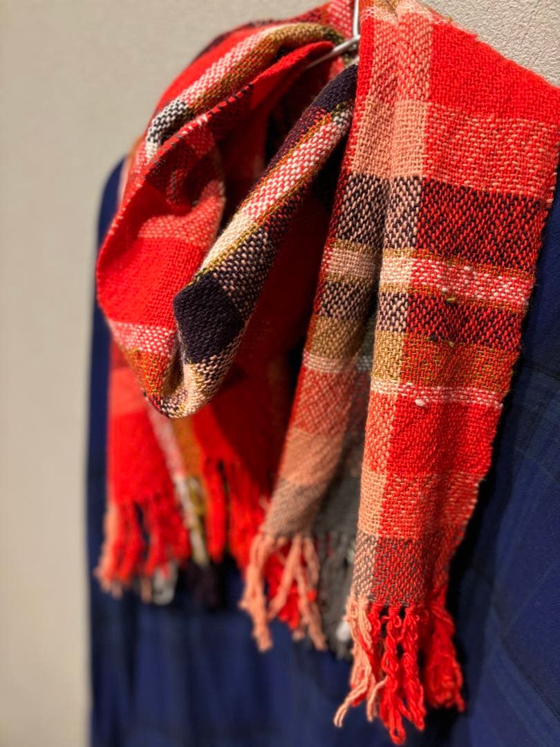 チェック柄 マフラー 赤　さをり織り　手織り　ハンドメイド