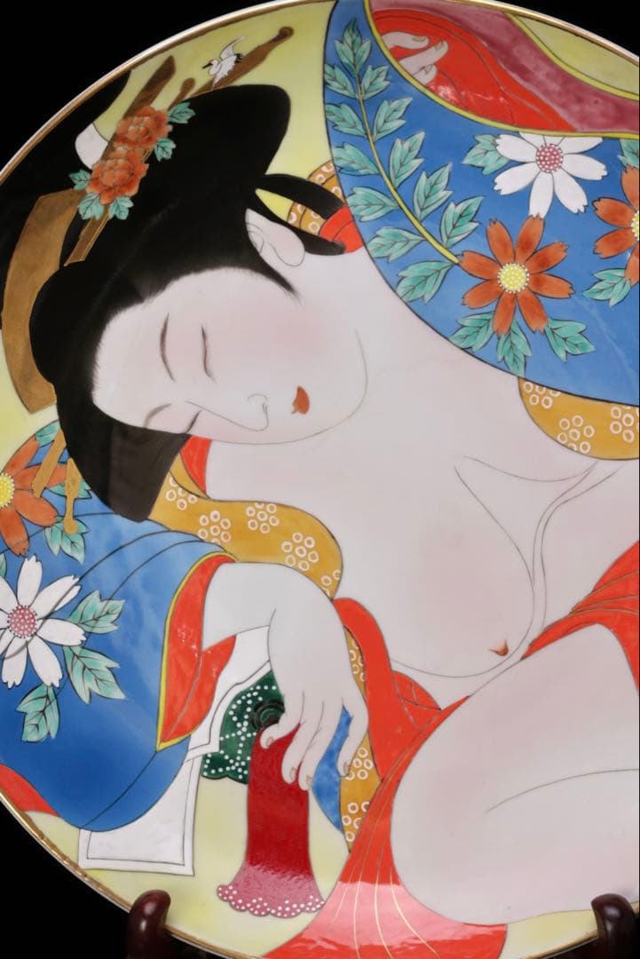 有田焼 紫雲作 『錦美人絵皿』 共箱 春画 浮世絵 色絵 飾皿 大皿 約46cm