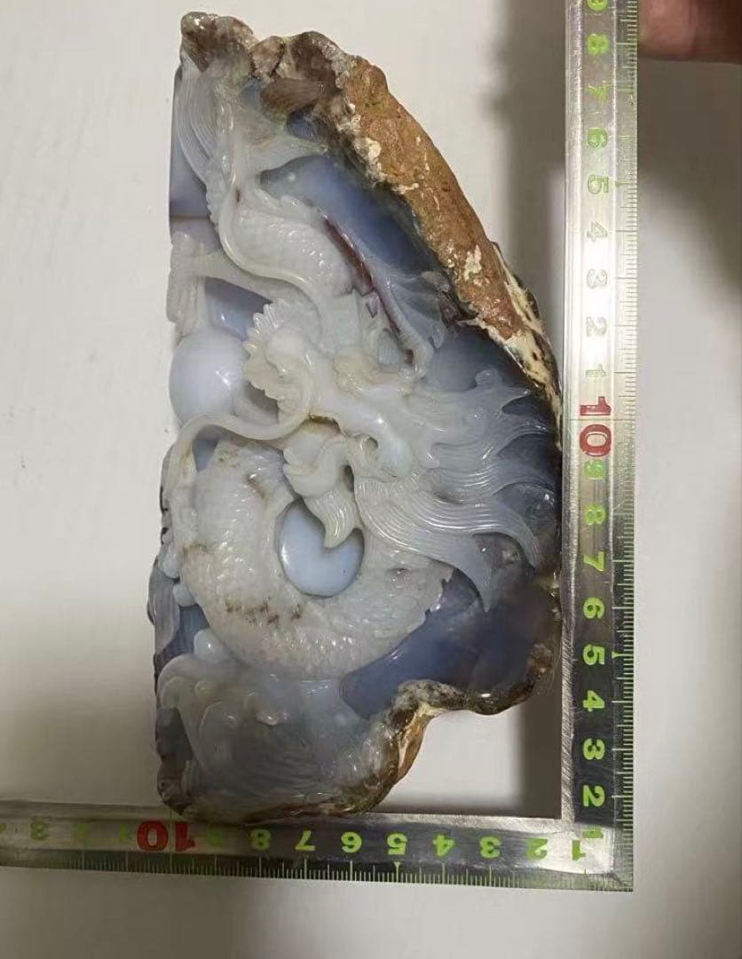 天然石 原石 瑪瑙100%天然瑙　手工雕刻龍　稀有紫色 置物 時代物
