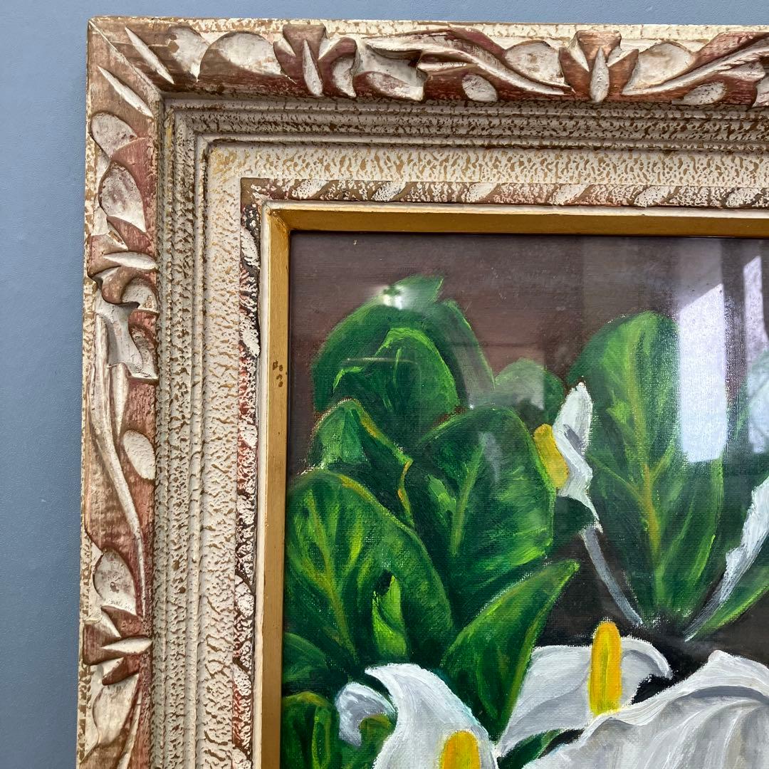 油彩画 水芭蕉 ミズバショウ 額装付き 額装 額縁 静止画 花 壁掛け 立てかけ
