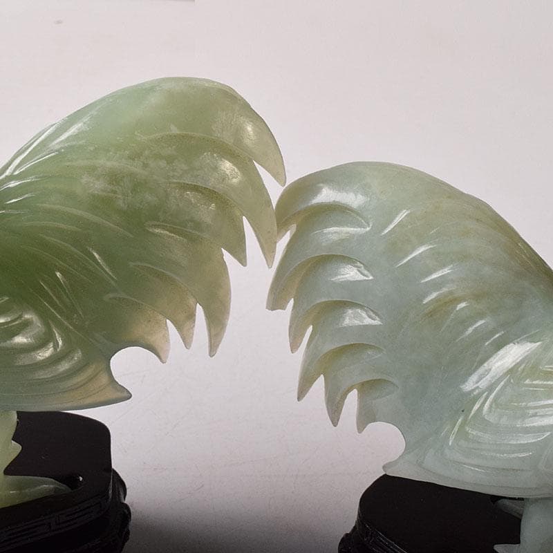 中国　玉石彫刻　鶏　鳥　一対　置物　香炉　唐木台付　C　7651C