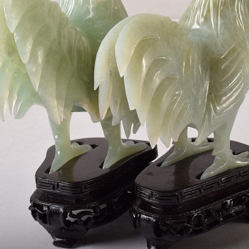 中国　玉石彫刻　鶏　鳥　一対　置物　香炉　唐木台付　C　7651C