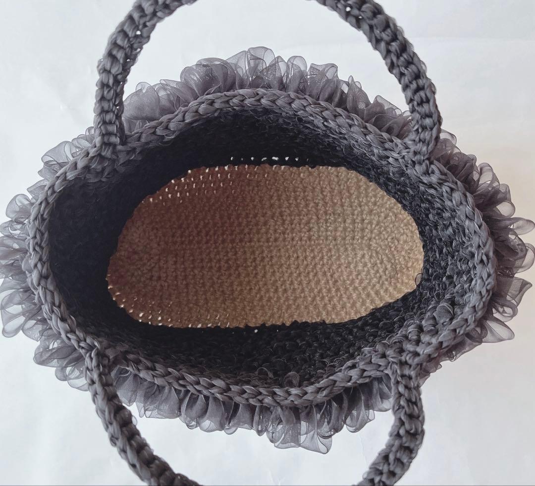 ぐれ ブラック 麻紐フリルバッグ ♪ ハンドメイド