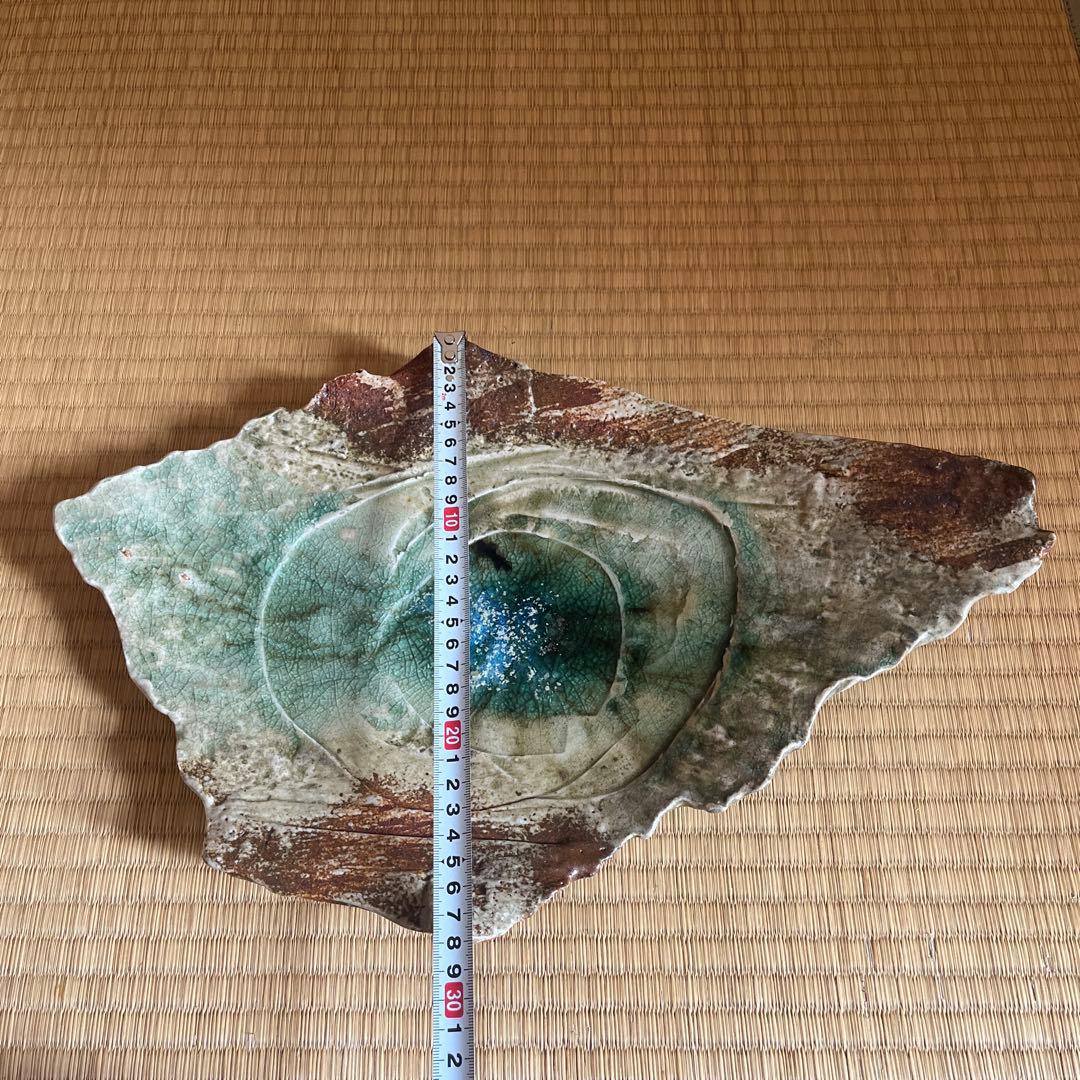 【断捨離】伊賀焼　新学さん作　大皿　葉型陶器　緑色