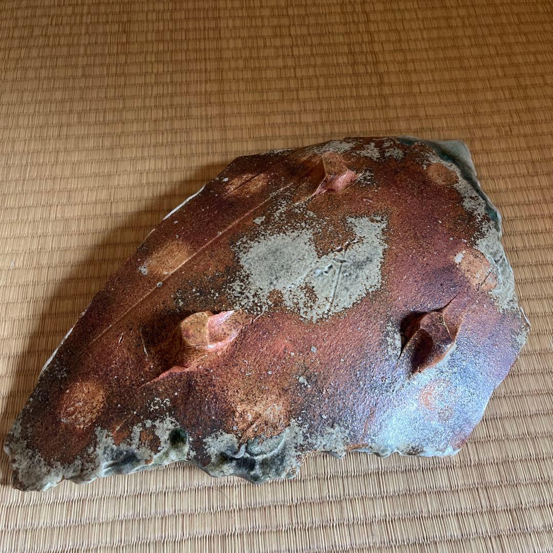 【断捨離】伊賀焼　新学さん作　大皿　葉型陶器　緑色