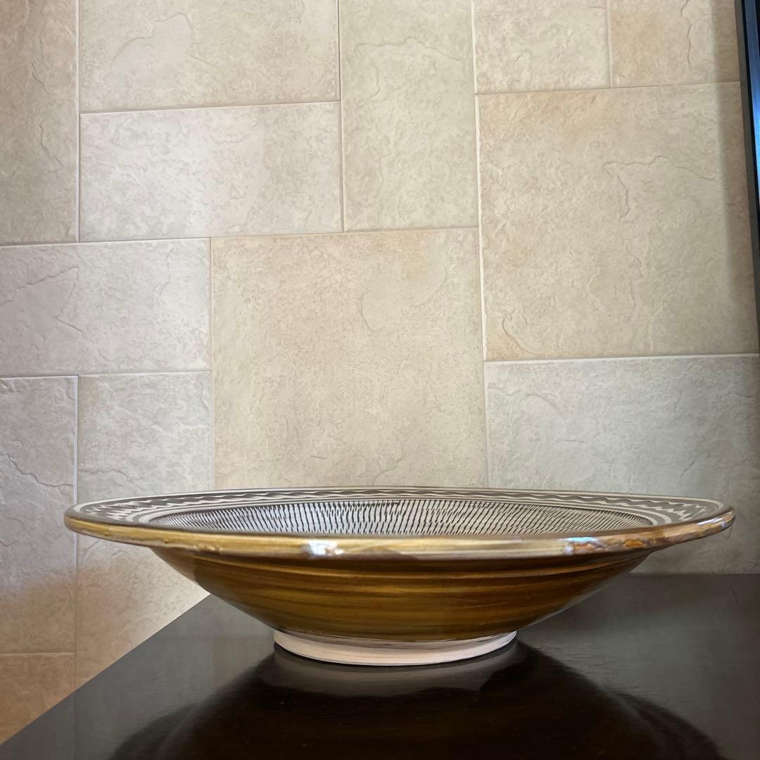 小鹿田焼き 刷毛目 放射状線模様の特大皿