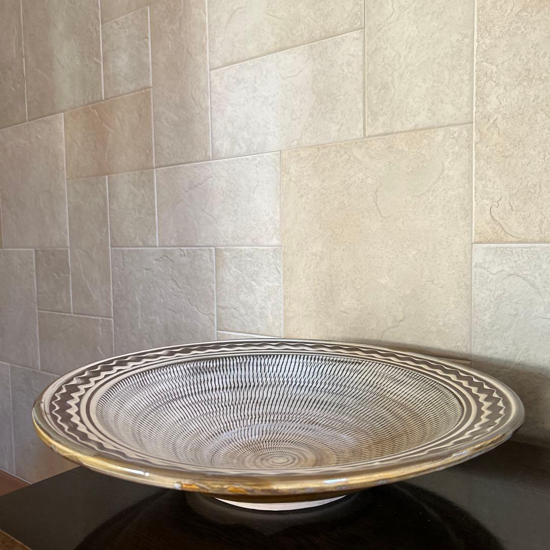 小鹿田焼き 刷毛目 放射状線模様の特大皿