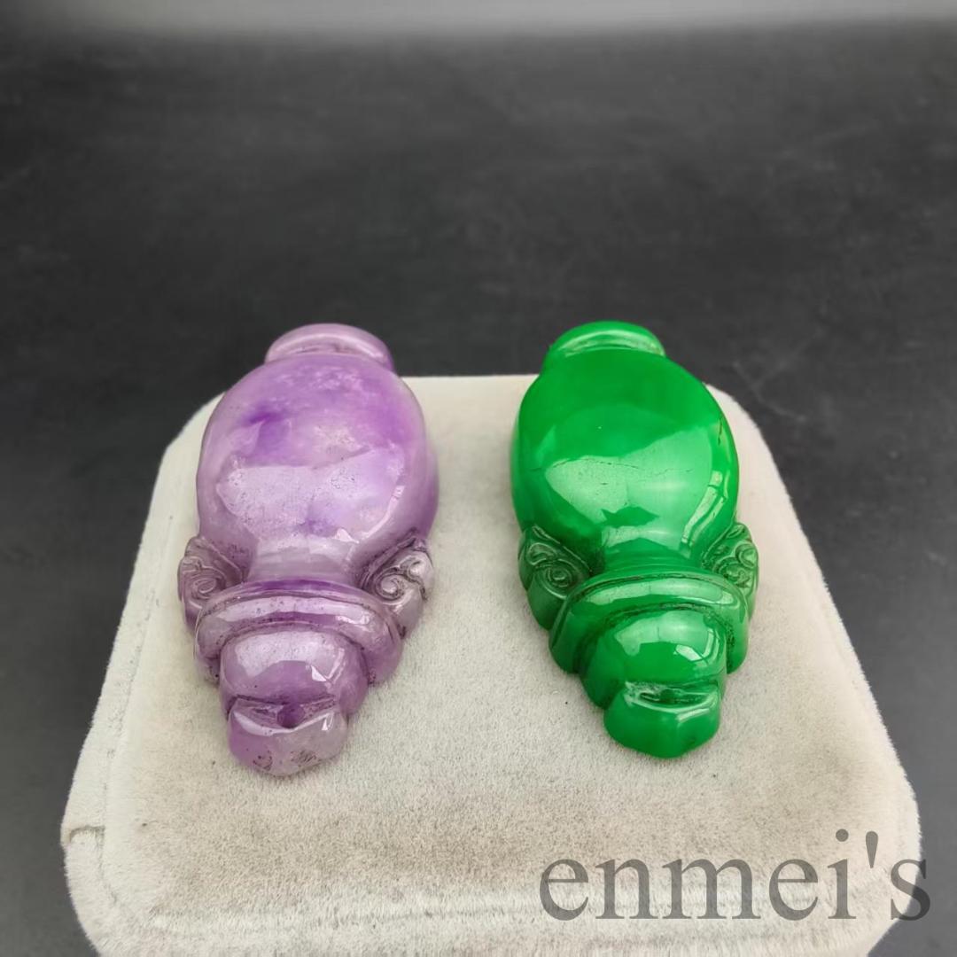 中国古美術 ミャンマー 紫羅蘭 豆緑 翡翠 花瓶ペンダント 手工細彫 装身具