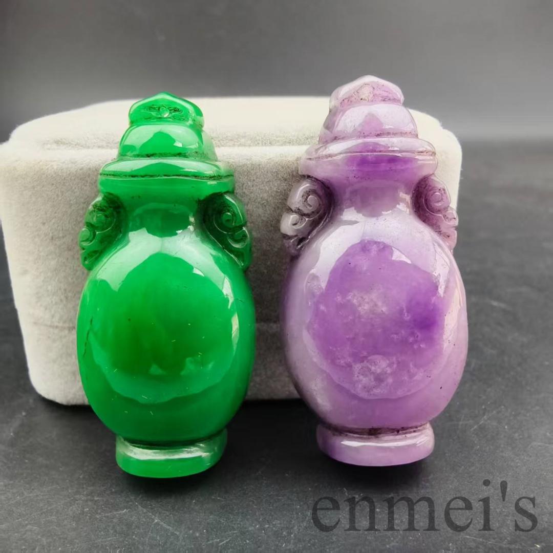 中国古美術 ミャンマー 紫羅蘭 豆緑 翡翠 花瓶ペンダント 手工細彫 装身具