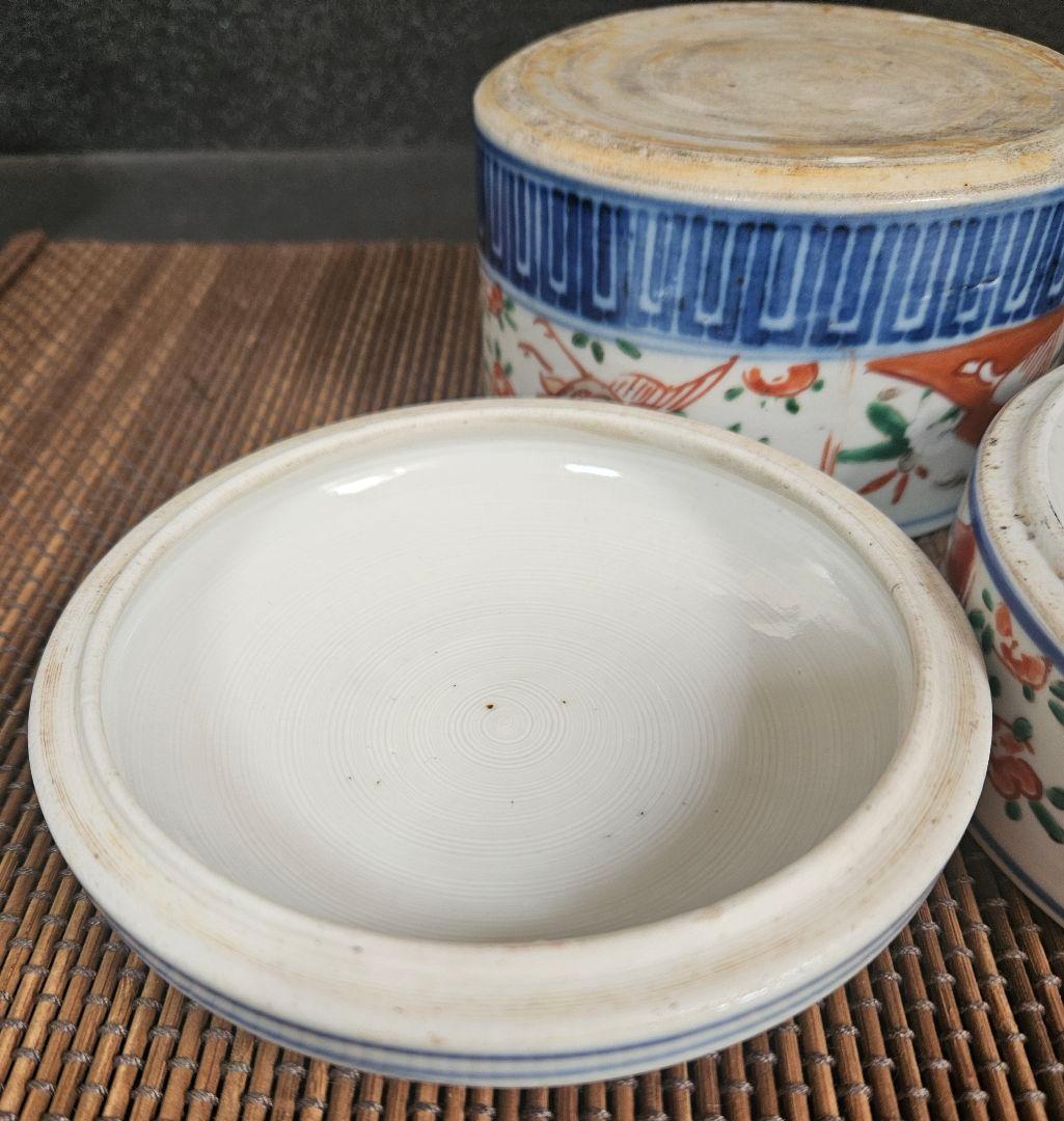 明治時代　古伊万里　染錦　色絵　鶴に花の図　二段重　重箱