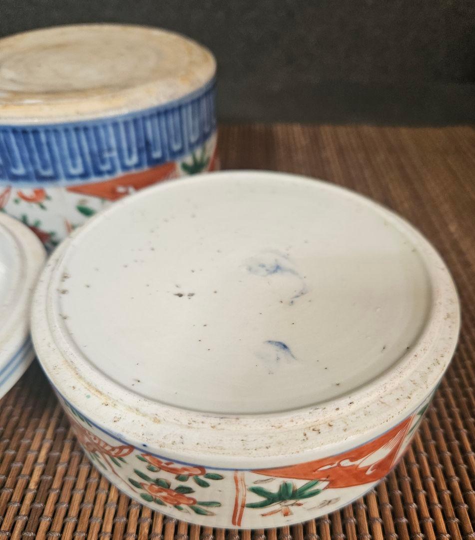 明治時代　古伊万里　染錦　色絵　鶴に花の図　二段重　重箱