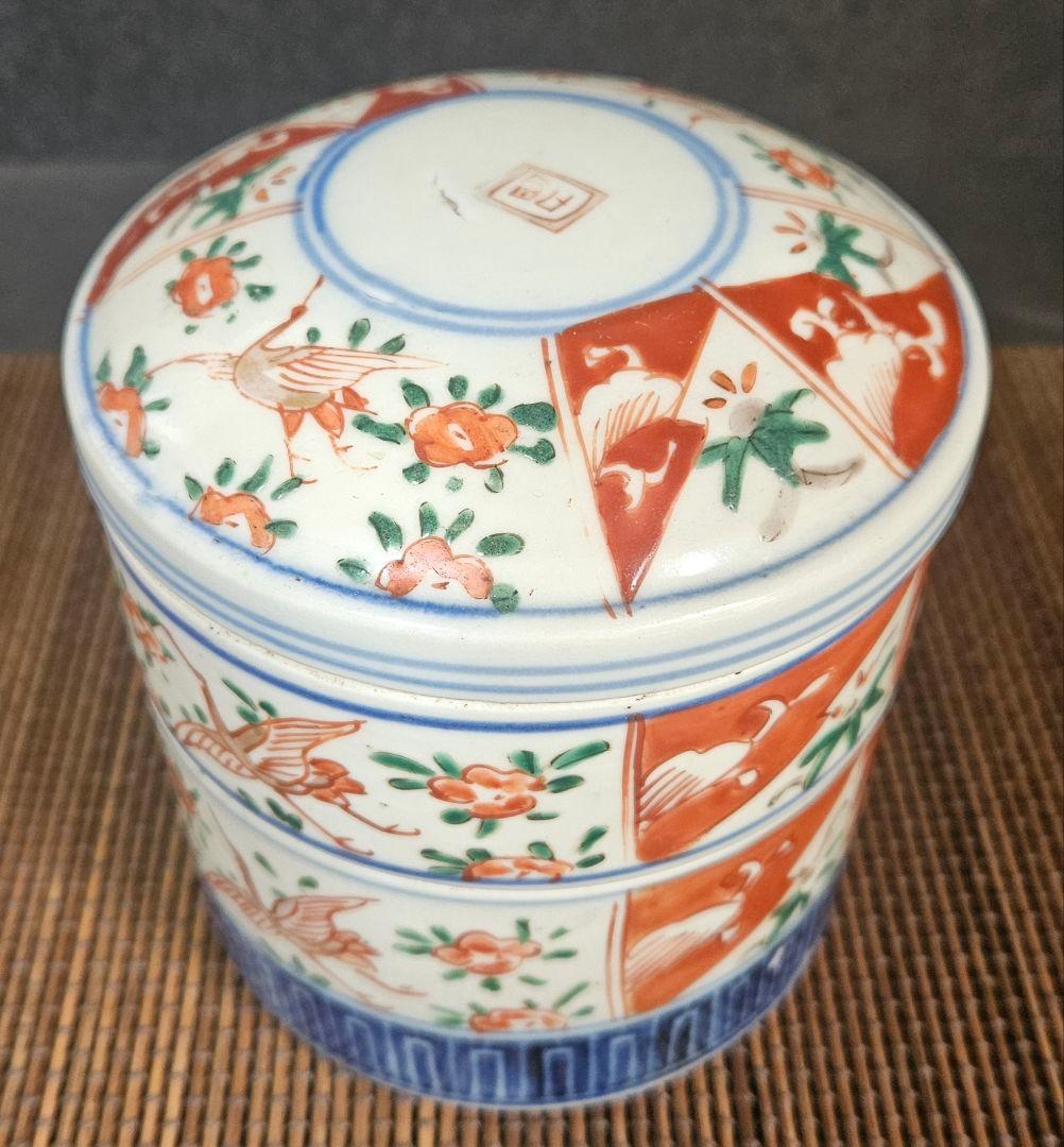 明治時代　古伊万里　染錦　色絵　鶴に花の図　二段重　重箱