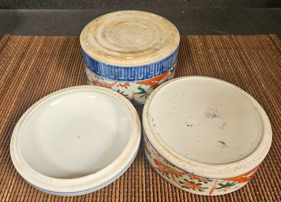 明治時代　古伊万里　染錦　色絵　鶴に花の図　二段重　重箱