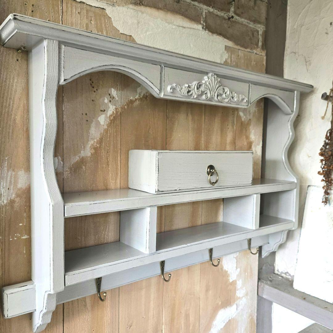 フレンチアンティークシャビー壁掛け シェルフ　モール　ワイド680　 グレー