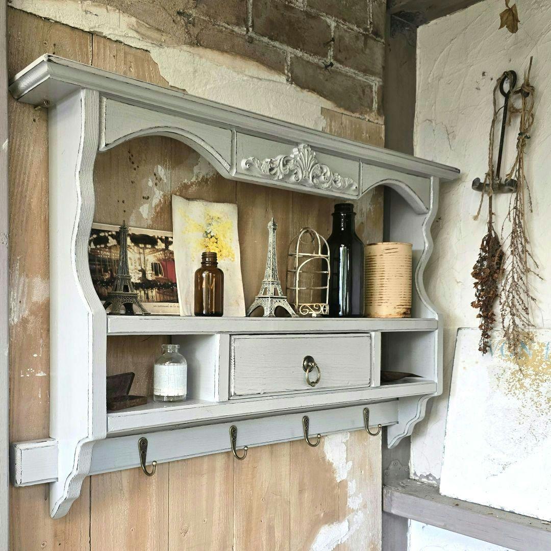 フレンチアンティークシャビー壁掛け シェルフ　モール　ワイド680　 グレー