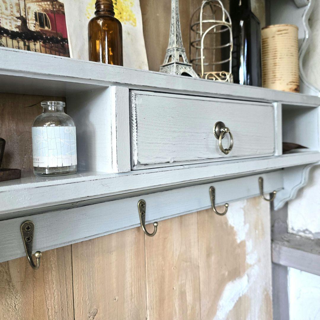 フレンチアンティークシャビー壁掛け シェルフ　モール　ワイド680　 グレー