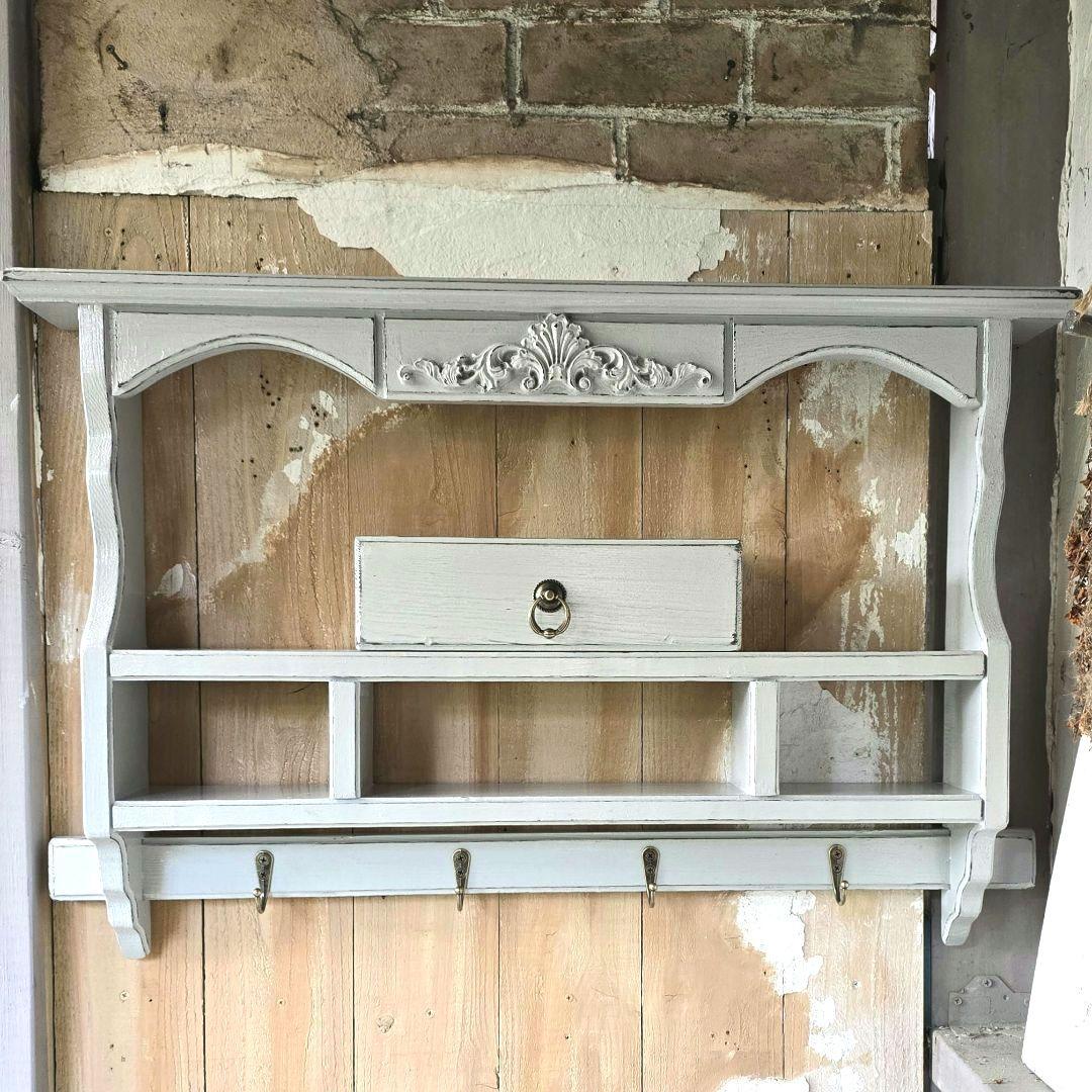 フレンチアンティークシャビー壁掛け シェルフ　モール　ワイド680　 グレー