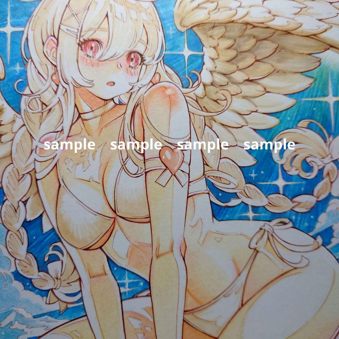 【手描きイラスト 291】オリジナルアナログ原画 中色紙「天使の夏休み」