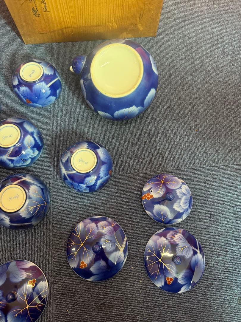 1765 深川製磁　葡萄瑠璃　茶器セット　急須1客　湯呑蓋付5客