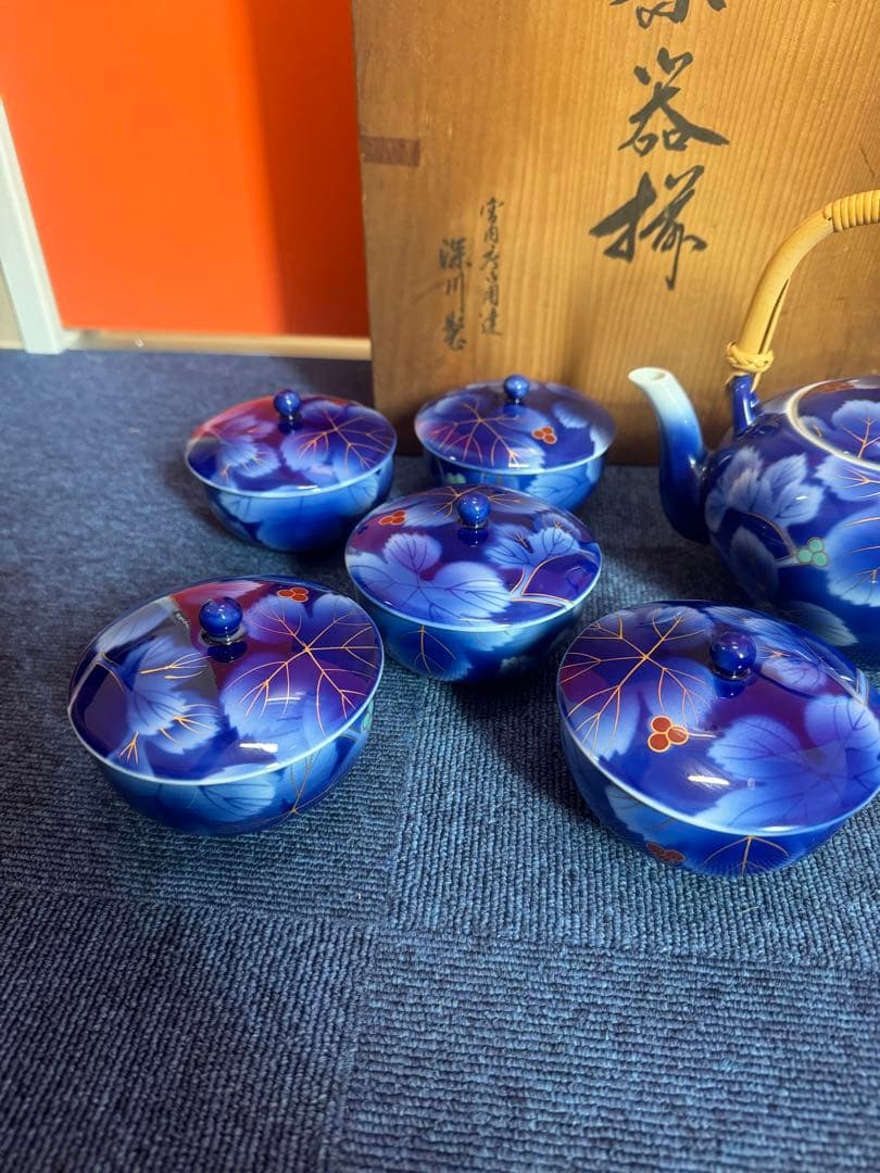 1765 深川製磁　葡萄瑠璃　茶器セット　急須1客　湯呑蓋付5客