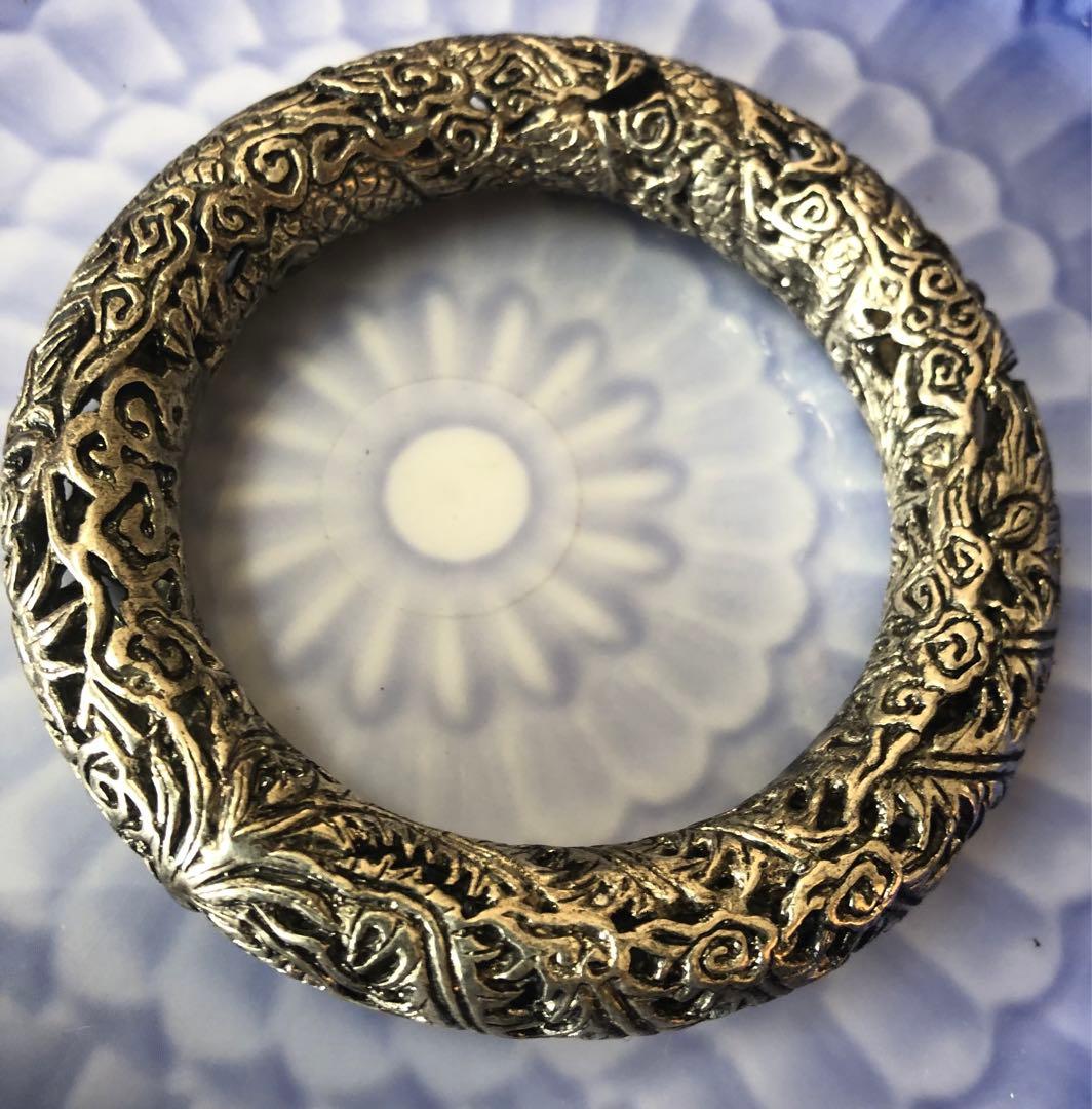 銀腕輪アンティーク龍鳳細密彫り現品無料発送です