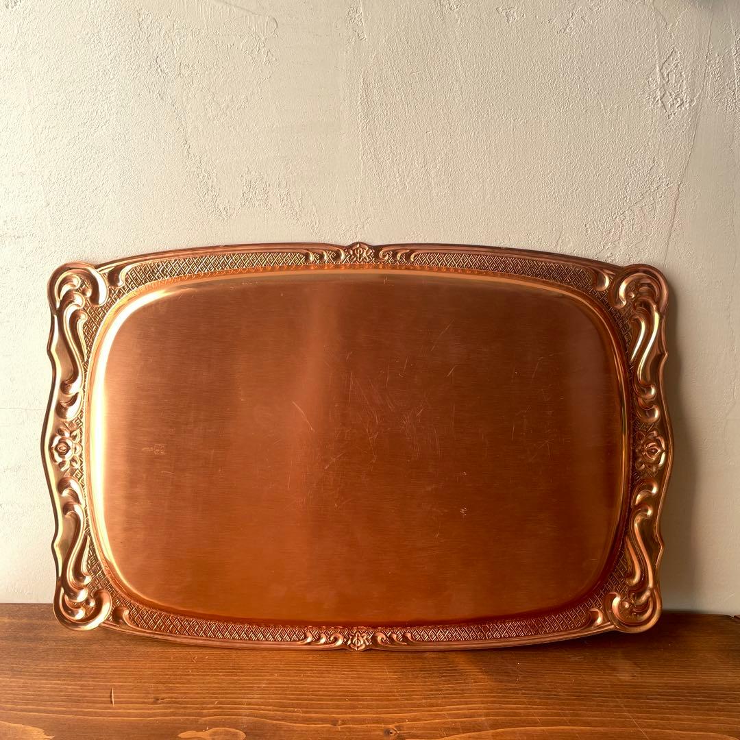 純銅製　錦松堂　レトロ　トレイ　洋風　お盆　アネモネ　ポピー　刻印あり