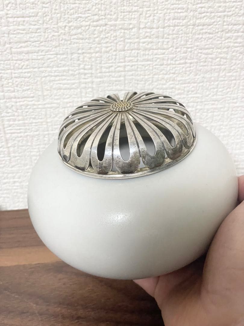 純銀蓋56g 菊透かし香炉 陶器 時代物 高9.6cm