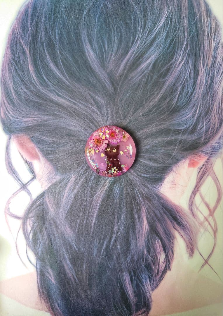 レジン　猫　ヘアゴム　ブローチ　ポニーフック　No.571