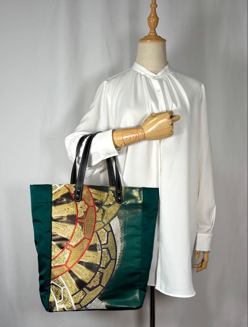 帯バッグリメイク　792番　本革持ち手　たっぷり縦長トート