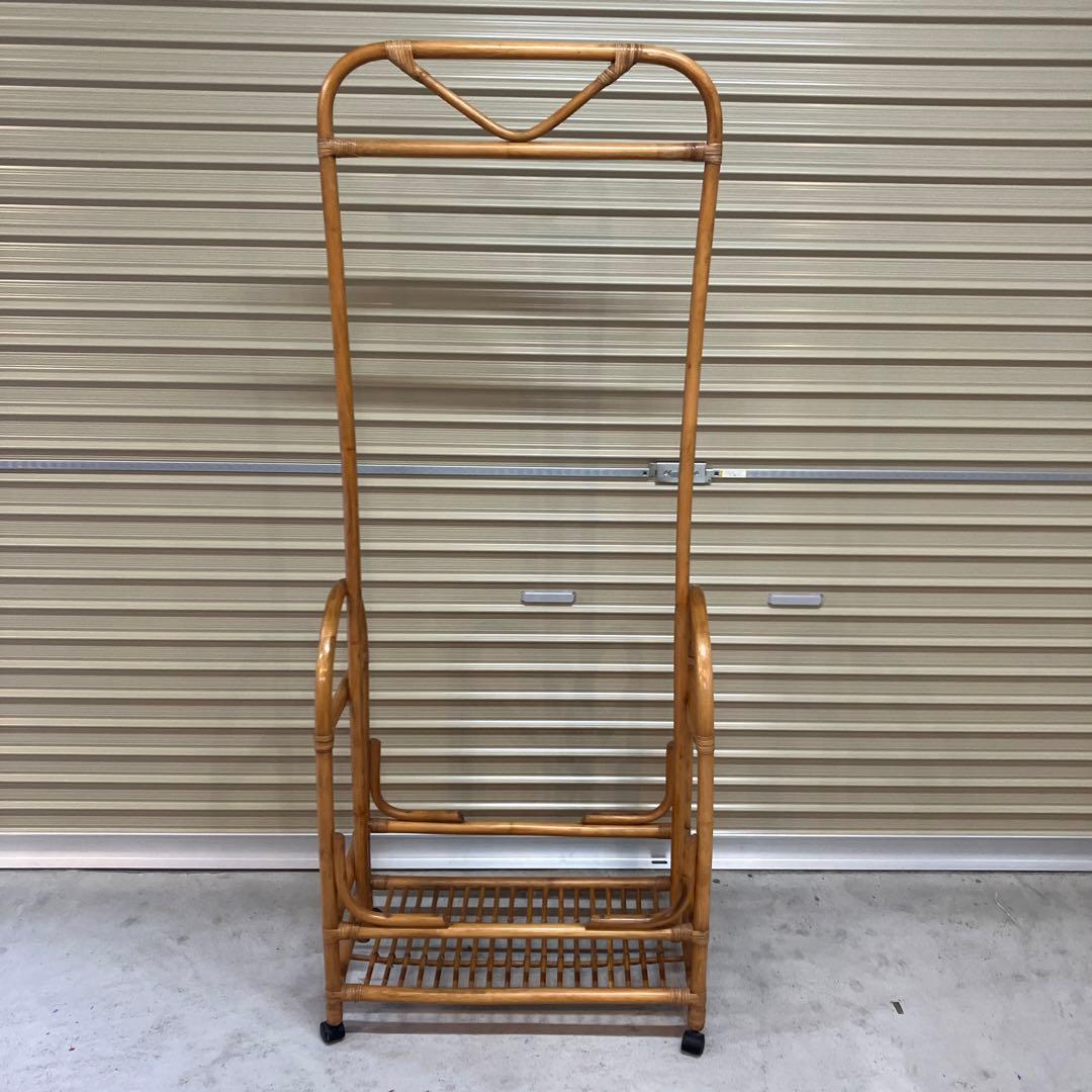 昭和レトロ ラタンハンガーラック キャスター付き 籐家具 古道具 古家具洋服掛け