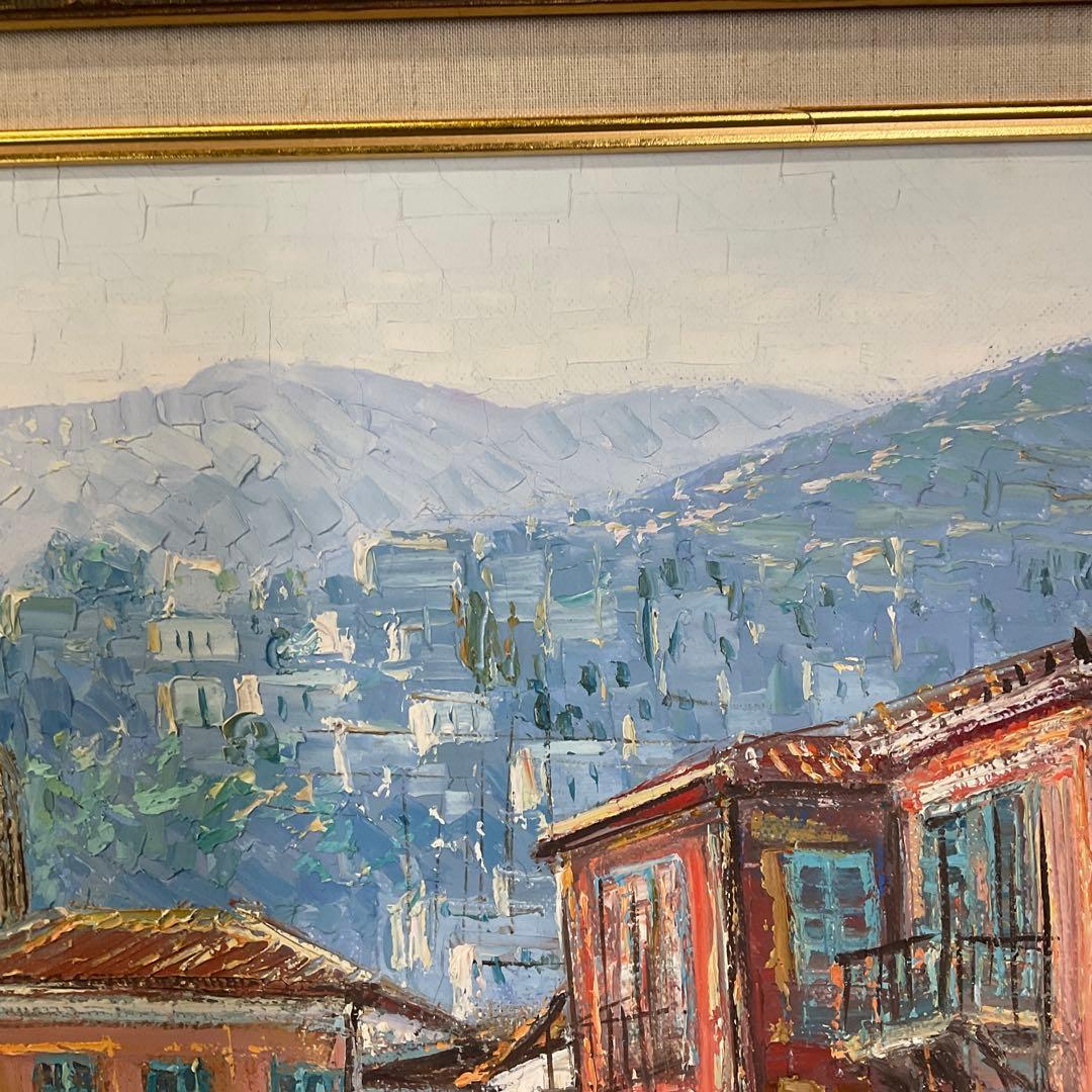 風景画 油彩画 港町の風景　作家名❓わかりません