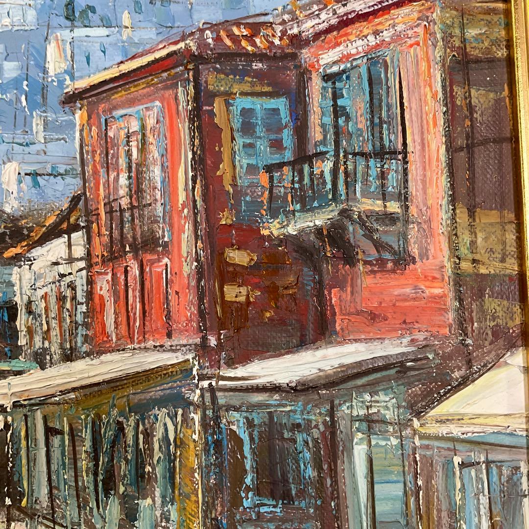 風景画 油彩画 港町の風景　作家名❓わかりません