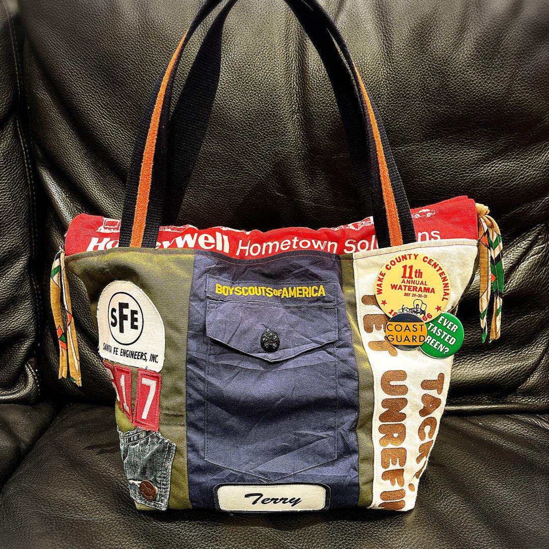 ハンドメイド 巾着 トートバッグ ビンテージ缶バッジ付き♡♡DD