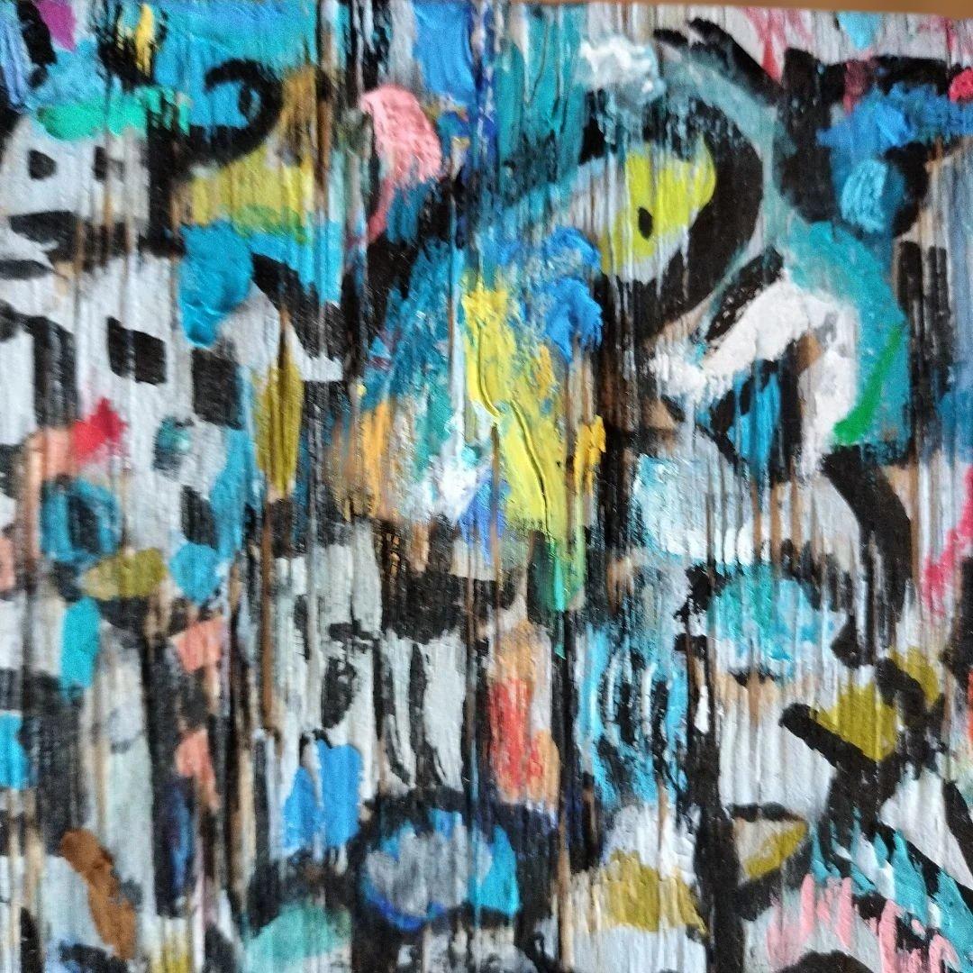 圧倒的な存在感。大型 油彩×オイルパステル「ビジョンの群れ」木板