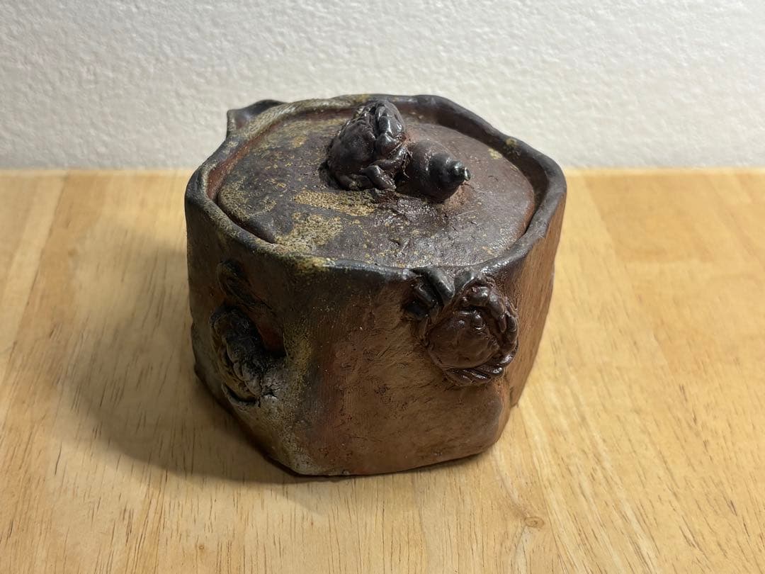 120.備前焼 宝瓶 登り窯 カニとタニシ 蟹 貝 六角 手びねり 急須