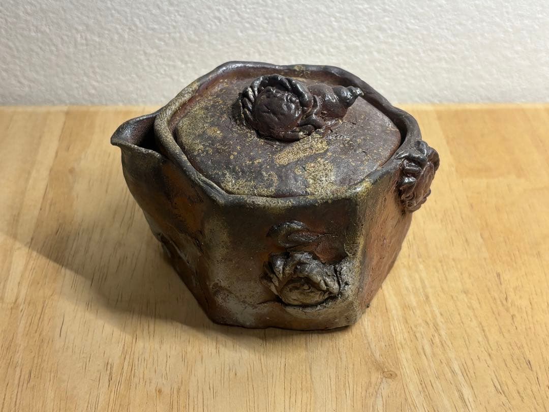 120.備前焼 宝瓶 登り窯 カニとタニシ 蟹 貝 六角 手びねり 急須