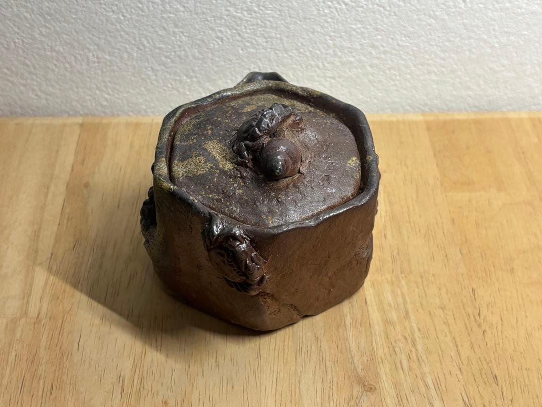 120.備前焼 宝瓶 登り窯 カニとタニシ 蟹 貝 六角 手びねり 急須