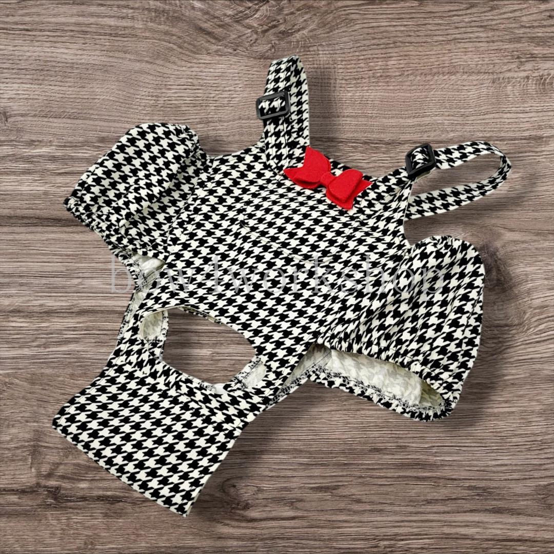 ラボット LOVOT ラボットの服ハンドメイド リボン付き千鳥柄サロペットパンツ