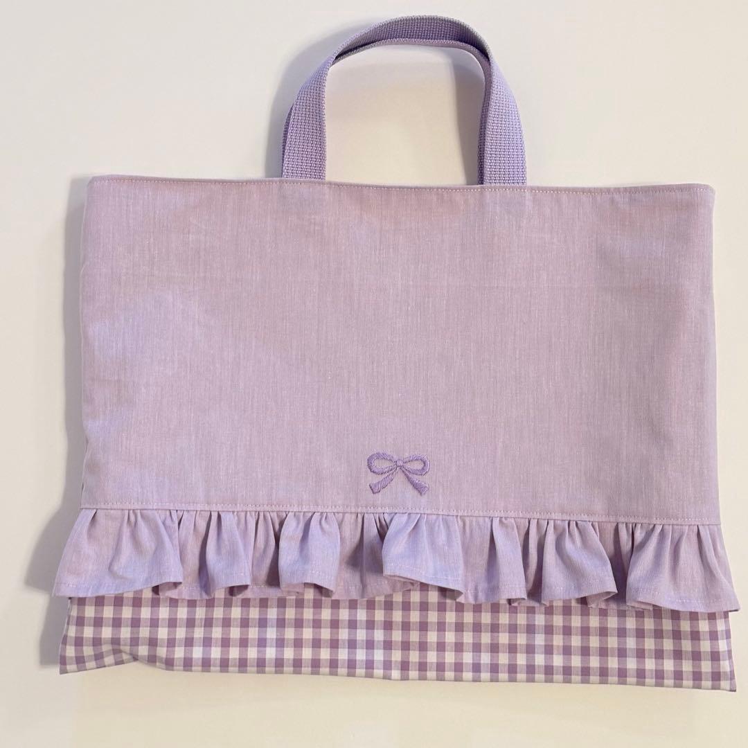 フリル　リボン　パープル　入園入学セット　レッスンバック　体操着袋　上履き袋