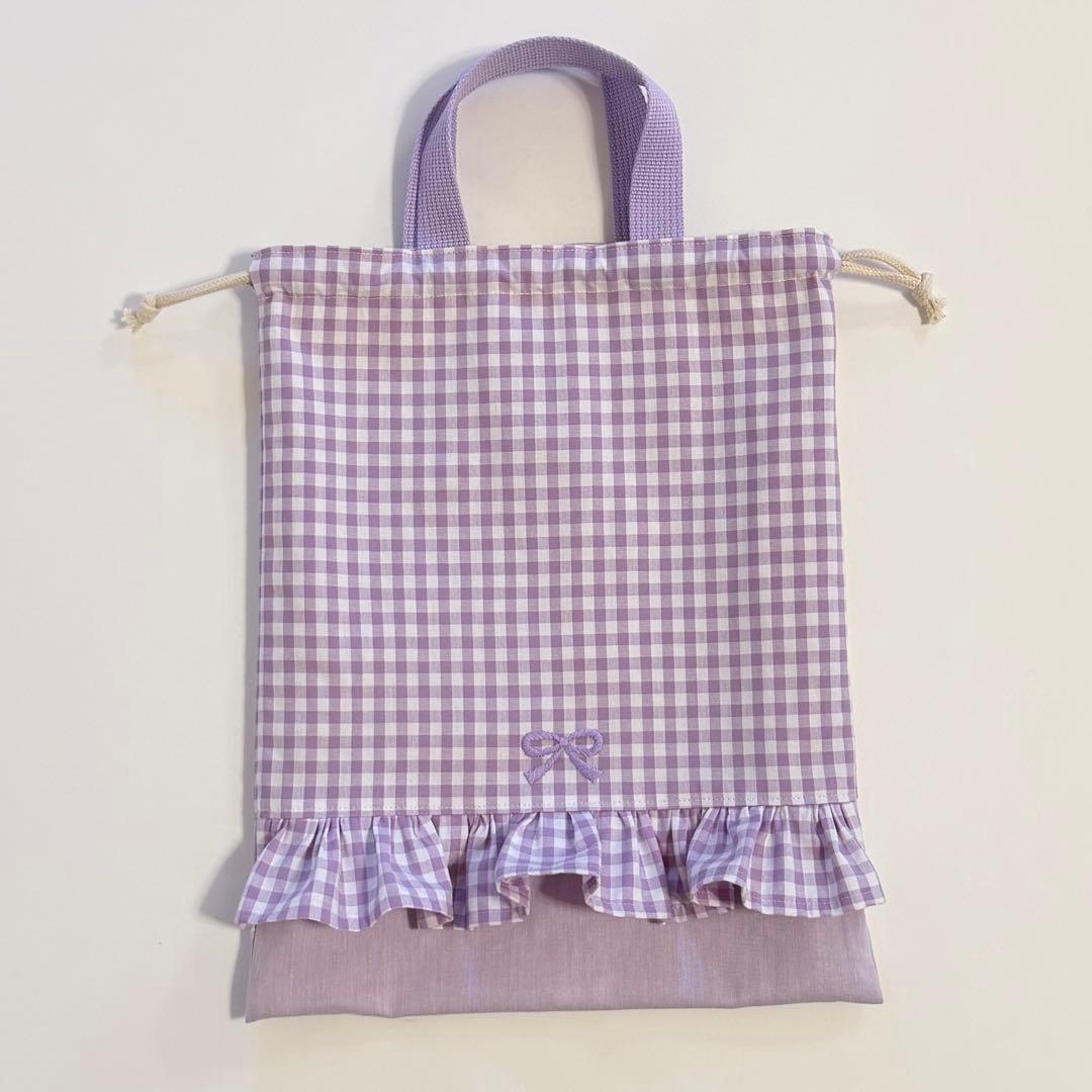 フリル　リボン　パープル　入園入学セット　レッスンバック　体操着袋　上履き袋