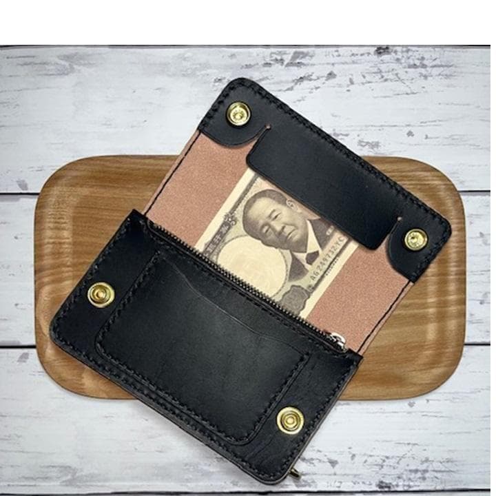 ④ミドルトラッカーウォレット/姫路レザー茶芯黒色/ホック真鍮/小判カン真鍮