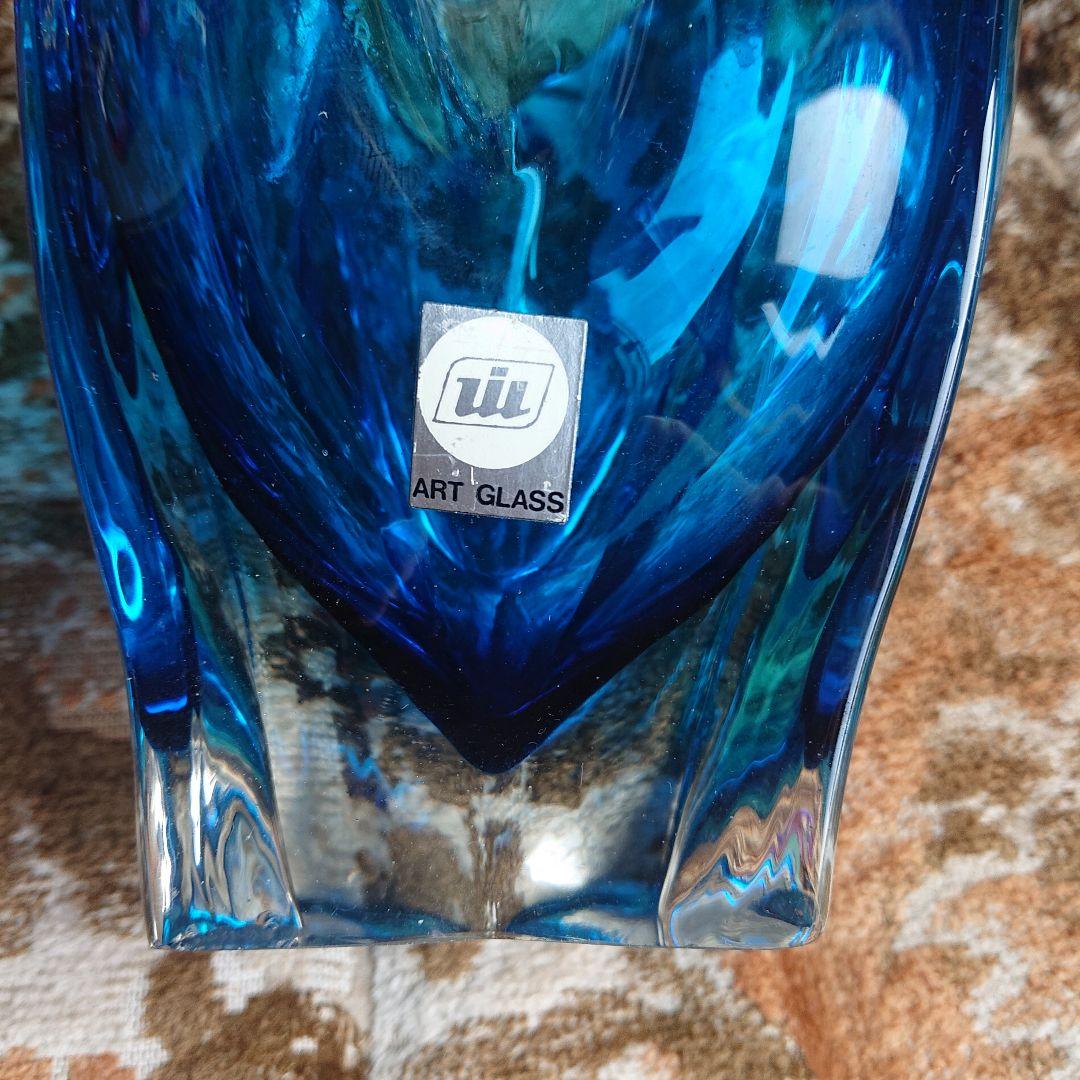 青色ガラス花瓶 フラワー型アンティークポップ