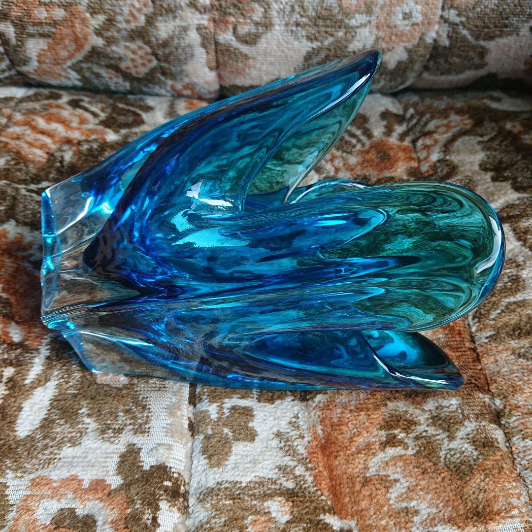 青色ガラス花瓶 フラワー型アンティークポップ