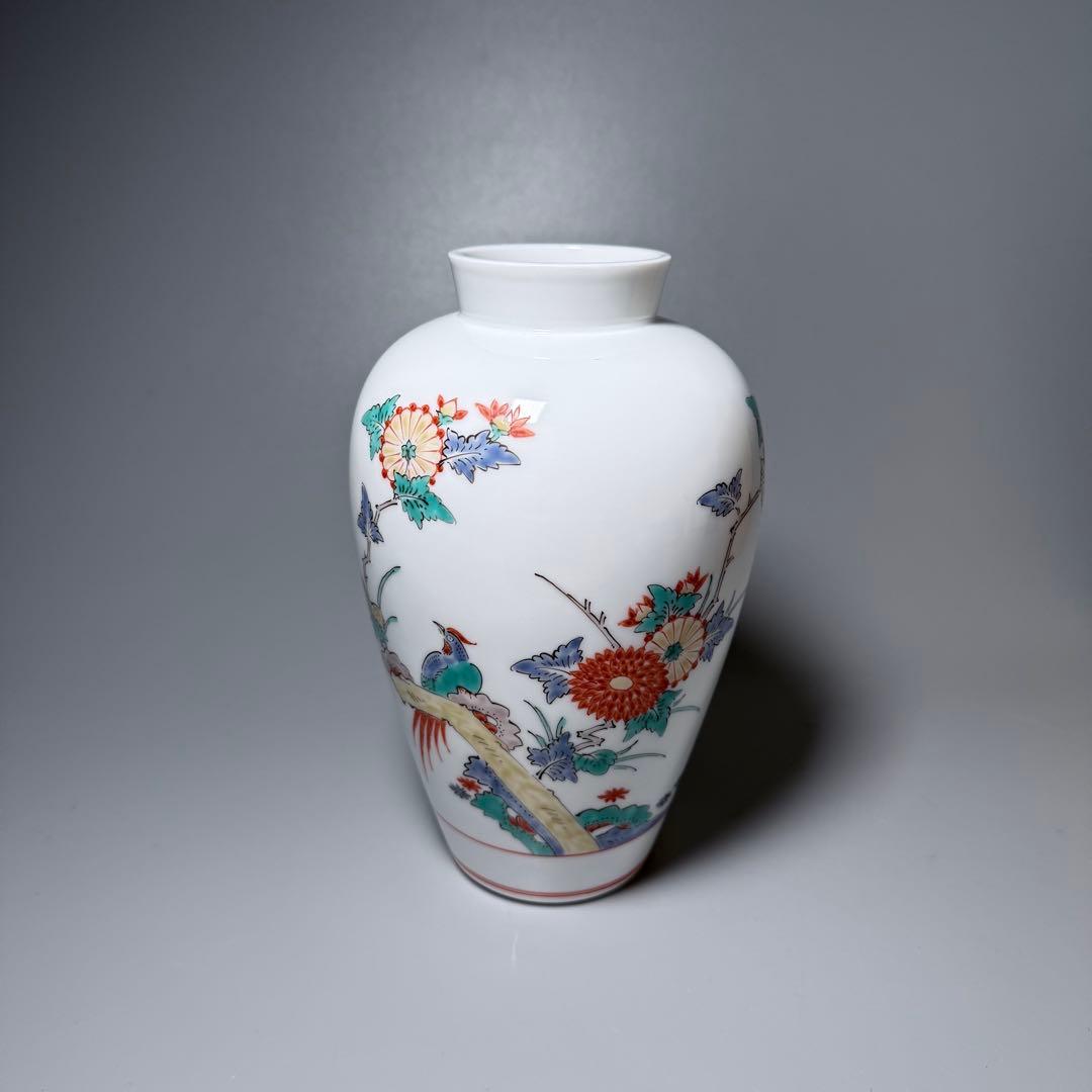人間国宝　十四代　酒井田　柿右衛門　錦　花鳥図　花瓶　共箱　栞　高19cm　本物