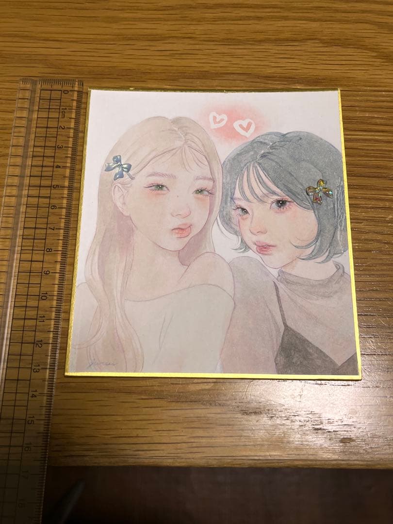 手描き　イラスト　オリジナル　女の子　色紙　原画　ハート