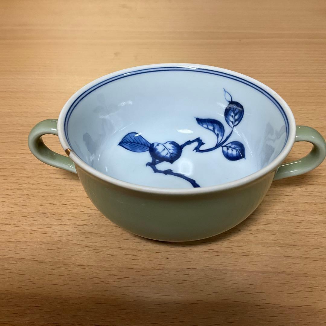 【金継ぎ】源右衛門　青磁　木の葉紋スープカップ
